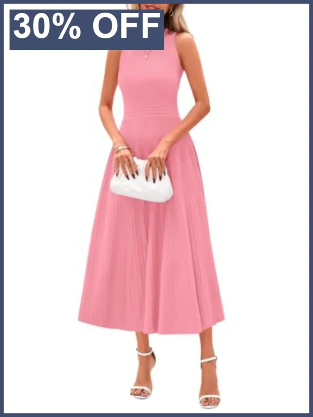 Pleated Midi Work Dress Sleeveless Crew Neck A-Line Summer